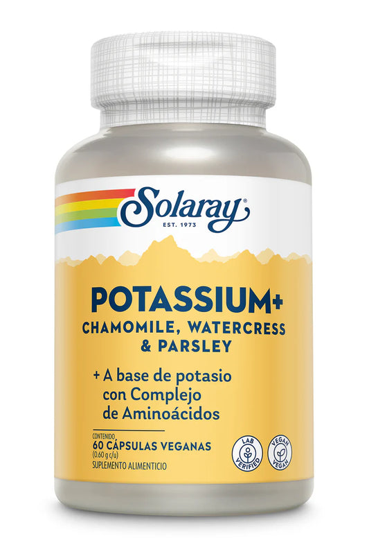 Potasio 99mg con Complejo de Aminoácidos de Solaray, con Manzanilla, Berro y Perejil | Función cardiovascular, Contribuye a disminuir calambres | 60 cápsulas veganas