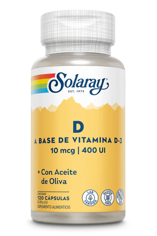 Vitamina D3 400 UI con Aceite de Oliva y Aceite de Cártamo de Solaray | Apoyo a los huesos y dientes, Fortalece el sistema inmunológico, Bienestar muscular | 120 Cápsulas