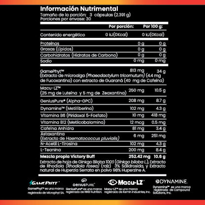 | Power Up de Cellx | GamePhyt™ , L-Teanina, N-Acetil L-Tirosina, Dynamine™, Macu-LZ™ , Huperzina A, Astaxantina, Alpha GPC GeniusPure®, Rhodiola, Ginkgo Biloba 100:1, Cafeina Anhidra, B6 y B12  90 Cápsulas