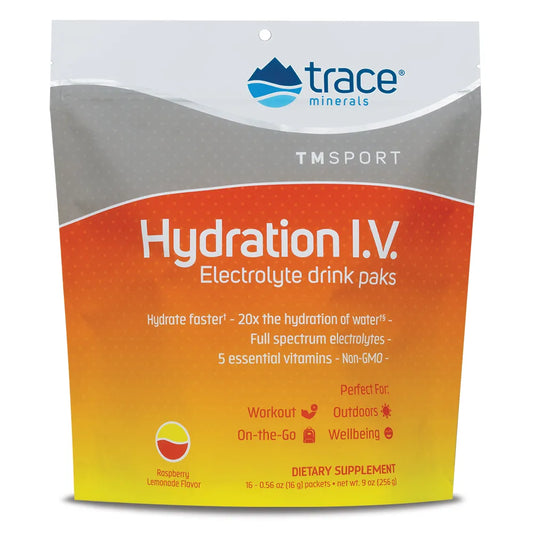 Mezcla de Electrolitos con Vitaminas Esenciales Hydration I.V. de Trace Minerals |  Hidratación Eficaz y Rápida, Bajo en Calorías, Sabor a Limonada de Frambuesa | 256g en 16 Sobres de 16g