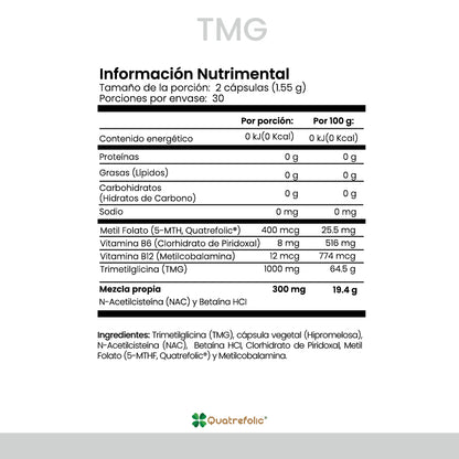 | TMG de Cellx | TMG, Quatrefolic®, Betaina HCI, NAC, Vitamina B6 y B12 60 Cápsulas