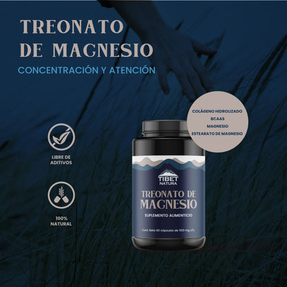 Treonato de magnesio + Colágeno hidrolizado + BCAAS 1000mg por porción de Tibet Natura |  Diseñado para apoyar la función cerebral y cognitiva, aliviando el estrés y ansiedad |  60 cápsulas vegetales