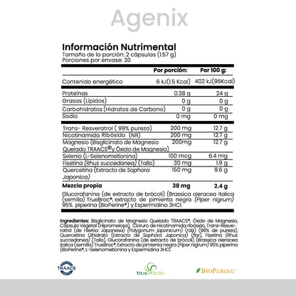 | Agenix de Cellx |NMN, Resveratrol, Magnesio, Selenio, Espermidina, Quecetina, Fisetina, TrueBroc® y Biopetine®  60 Cápsulas