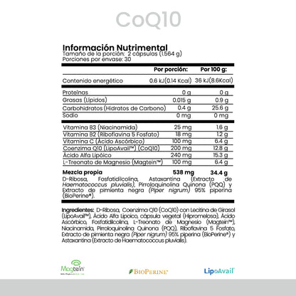 | CoQ10 de Cellx |Coenzima Q10 (CoQ10) Liposomal, ALA, Vitamina C, Fosfatidilcolina, Magtein®, PQQ, Astaxantina, Ribosa, Bioperine®  30 Cápsulas
