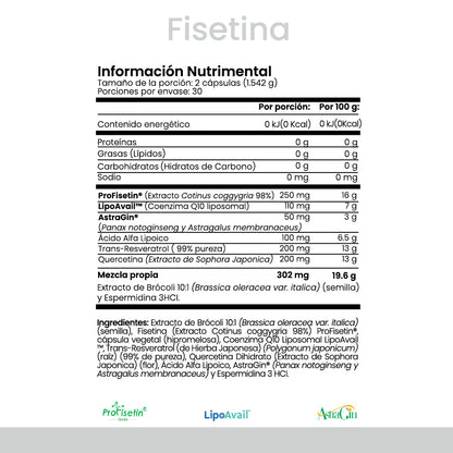 | Fisetina de Cellx | Fisetina, CoQ10 Liposomal, Resveratrol, Quercetina, ALA, Extracto de Broccoli, Espermidina y AstraGin®  60 Cápsulas