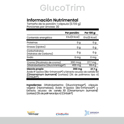 | GlucoTrim de CellX |  Dihidroberberina GlucoVantage®, Ácido R Lipoico, CinSulin®, Cromo 60 Cápsulas