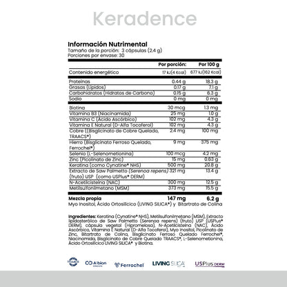 | Keradence de CellX | USPlus® DERM, Cynatine® HNS, Ferrochel®, LIVING SILICA, Cobre TRAACS®, NAC, L-Selenometionina, MSM, Vitamina B3 y C, Biotina, Inositol, Bitartrato de Colina 90 Cápsulas