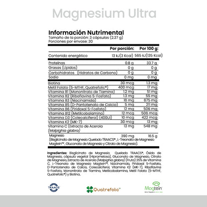 Magnesium Ultra de CellX | Blend (combinado) de Magnesio, Quatrefolic®, Vitaminas B1, B2, B3, B5, B6, B12, D3, K2 y Biotina, Acerola extracto 90 Cápsulas