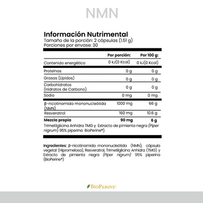 NMN, Resveratrol, Quercetina, TMG y Bionerine | NMN de Cellx | 60 Cápsulas