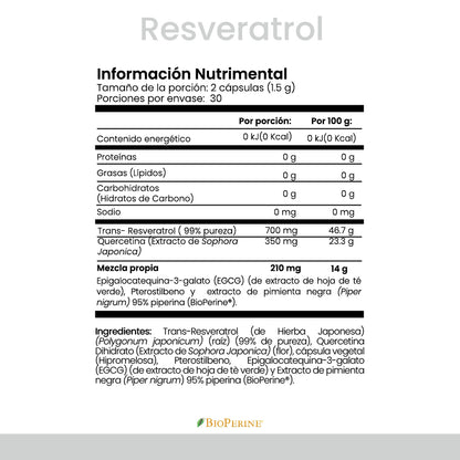 | Resveratrol de Cellx |Trans-Resveratrol, EGCG, Pteroestilbeno, Quercetina y Bioperine® 60 Cápsulas