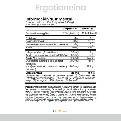 | Ergotioneína de CellX | Ergotioneína ErgoActive®, NAD, TUDCA, Quercetina, ALA, Cúrcuma y Bioperine® 60 Cápsulas