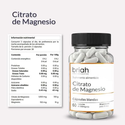 Citrato de Magnesio 1000 mg por porción de Briah | Energía Celular | 60 cápsulas blandas