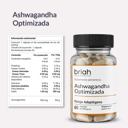 Ashwagandha Optimizada de Briah 500 mg por porción | Bienestar Emocional | 60 cápsulas