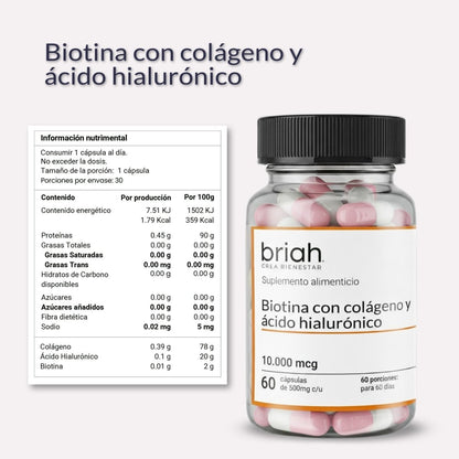 Biotina 10.000 microgramos por porción + colágeno + ácido hialurónico Briah | Crecimiento de cabello y uñas | 60 cápsulas