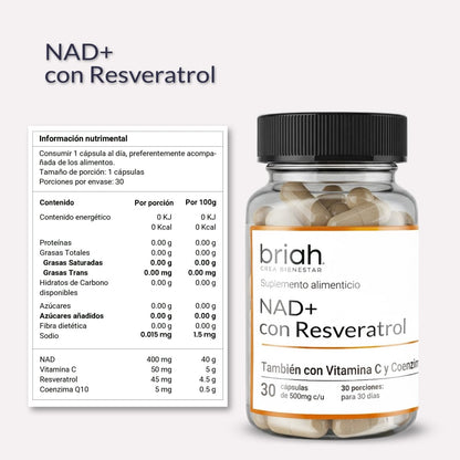 NAD+ con Resveratrol, Vitamina C y Coenzima Q10 de Briah | Protección Antioxidante | 30 cápsulas