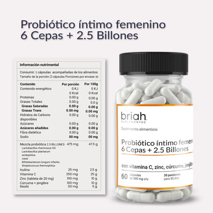 Probiótico + Prebiótico Vaginal de Briah | Mezcla Probiótica 6 cepas 2.5 UFC | 60 cápsulas para 30 días