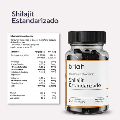 Shilajit estandarizado 500 mg de Briah | Vigor y Energía diaria para hombre| 60 cápsulas