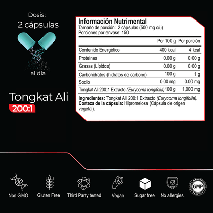 Tongkat Ali 200:1 Eternal Nutrition | Contribuye al aumento de energía y resistencia | 300 cápsulas
