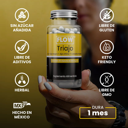 Ajo negro, Ajo chino y Cebolla morada 1500mg por porción TRIAJO de Flow Supplements | Fortalece el sistema inmune, combatiendo las infecciones y la inflamación | 90 cápsulas vegetales