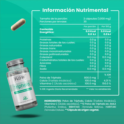 Polvo de TRIPHALA + Calcio + Vitamina C 1000mg por porción de Flow Supplements | Bienestar digestivo que promueve la desintoxicación del organismo | 60 cápsulas vegetales