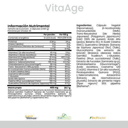 | VitaAge de Cellx | Dihidroberberina GlucoVantage®, ALA, NMN, TrueBroc®, Trans-Reveratrol, Quercetina, Glutation, NAC, Fisetina, CoQ10, Fucoidan, Espermidina, PQQ, Astaxantina, L-Seleniometionina, Vitamina C, E, D3 y K2 90 Cápsulas