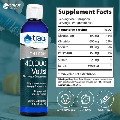Concentrado Electrolítico 40000 Volts de Trace Minerals | Producto vegano que potencia la energía, brindando mayor rendimiento y resistencia física | 237ml