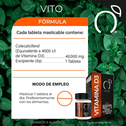 DUO: Vitamina D3 4000 UI de Vito | Contribuye en la Función Ósea y Dental - Equilibrio Hormonal | DUO 120 tabletas masticables