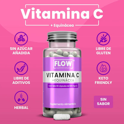 Vitamina C + Equinácea 1500mg por porción de Flow Supplement |  Refuerza el sistema Inmunológico, protegiendo contra gripes y resfriados | 90 cápsulas vegetales