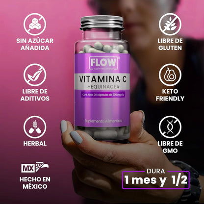 Vitamina C + Equinácea 1500mg por porción de Flow Supplement |  Refuerza el sistema Inmunológico, protegiendo contra gripes y resfriados | 90 cápsulas vegetales
