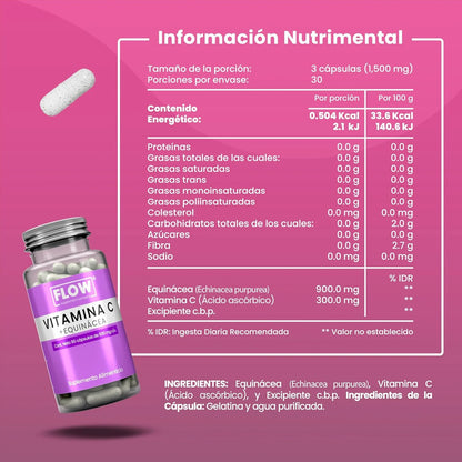 Vitamina C + Equinácea 1500mg por porción de Flow Supplement |  Refuerza el sistema Inmunológico, protegiendo contra gripes y resfriados | 90 cápsulas vegetales