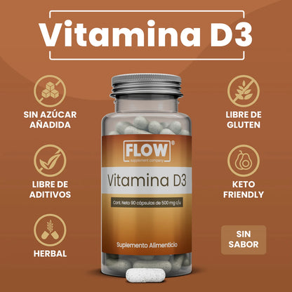 Vitamina D3 1500mg por porción de Flow Supplement | Apoyo de la función Ósea y Dental, que contribuye a la absorción de calcio | 90 cápsulas vegetales
