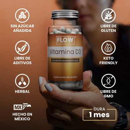Vitamina D3 1500mg por porción de Flow Supplement | Apoyo de la función Ósea y Dental, que contribuye a la absorción de calcio | 90 cápsulas vegetales