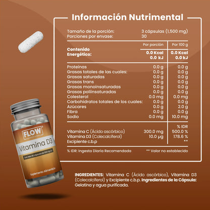 Vitamina D3 1500mg por porción de Flow Supplement | Apoyo de la función Ósea y Dental, que contribuye a la absorción de calcio | 90 cápsulas vegetales