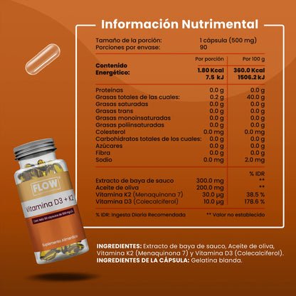 Vitamina D3+K2 500mg con extracto de baya de Flow Supplement | Apoyo de la función cardiovascular e Inmunológica | 90 cápsulas vegetales