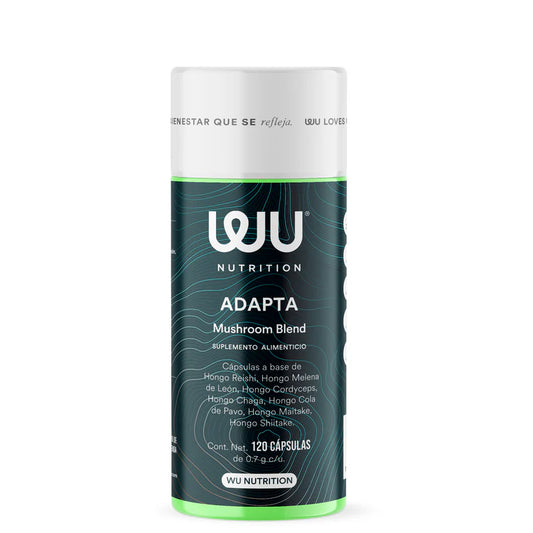 Mezcla de Hongos Adaptógenos, Reishi, Melena de León, Cordyceps, Chaga, entre otros 700mg Adapta de WU Nutrition  | Acción antioxidante, antiinflamatoria, que promueve un sistema inmunológico saludable | 120 cápsulas vegetales