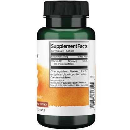 Vitamina D3 5000 UI 125mcg de Swanson | Apoya la absorción de calcio, asegurando que el cuerpo utilice eficientemente este mineral crucial para la función ósea | 250 cápsulas blandas vegetales