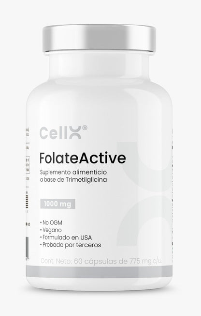 | FolateActive de Cellx | TMG, Quatrefolic®, Betaina HCI, NAC, Vitamina B6 y B12 | 60 Cápsulas