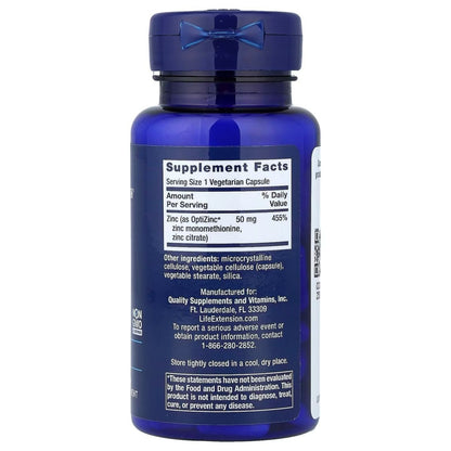 Zinc Caps de alta potencia 50mg de Life Extensión | Apoyo Cardiovascular y del Sistema Inmune | 90 cápsulas vegetarianas
