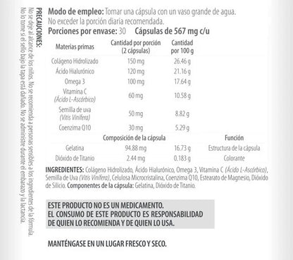 Colágeno Hidrolizado, Ácido hialurónico, Omega 3, Vitamina C 567mg de Dekos HA+ | Cuidado de la Piel, Cabello y Uñas - Longevidad | 30 cápsulas vegetales