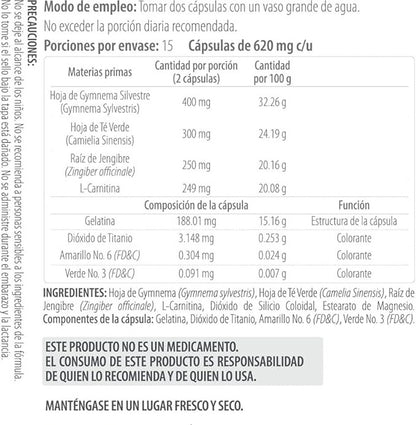 L-Carnitina, Jengibre, Té verde 620mg de Dekos +FB  | Favorece la digestión | 30 cápsulas