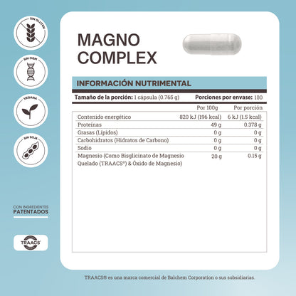 Bisglicinato de Magnesio Quelado y Óxido de Magnesio Magno Complex Matter | Alta Biodisponibilidad | 100 Cápsulas