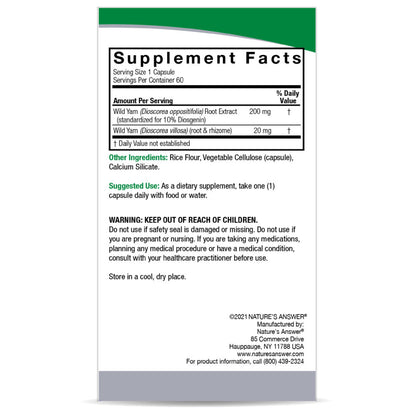 Raíz de Ñame Silvestre (Wild Yam) 220mg por porción de Nature's Answer | Apoyo para el bienestar femenino - Efecto calmante en malestares menopáusicos | 60 cápsulas veganas