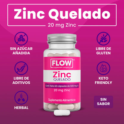 ZINC 500mg de Flow Supplement | Apoyo de la función cardiovascular y del sistema inmune | 60 cápsulas vegetales