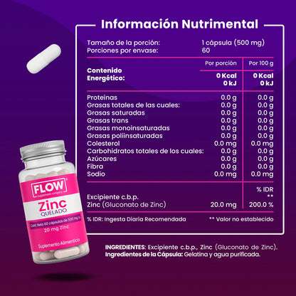 ZINC 500mg de Flow Supplement | Apoyo de la función cardiovascular y del sistema inmune | 60 cápsulas vegetales