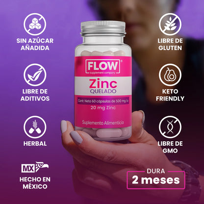 ZINC 500mg de Flow Supplement | Apoyo de la función cardiovascular y del sistema inmune | 60 cápsulas vegetales