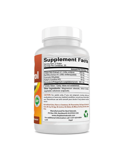 Resveratrol de Best Naturals | Antioxidante y Apoyo Cardiovascular | 500 mg 60 Cápsulas