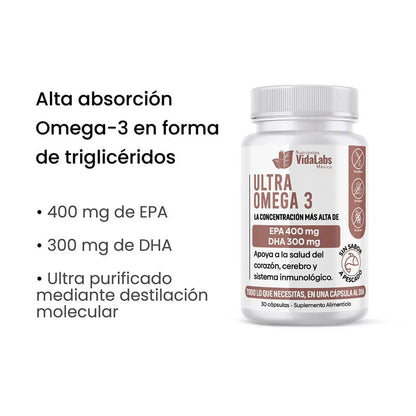Ultra Omega 3 EPA y DHA de Vida Labs | Apoyo de la Función Cardiovascular y Reduce la Inflamación, Ayudando a Aliviar Dolores y Malestares | 30 Cápsulas Blandas