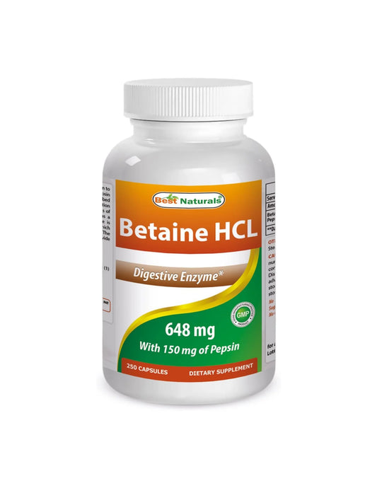 Betaína HCl de Best Naturals | Apoyo Digestivo | 648 mg 250 Cápsulas