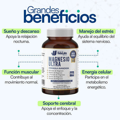 Magnesio ULTRA | Citrato + Glicinato + Oroato + Gluconato con Vitamina B6 de Vida Labs - Relajación Muscular y Reducción de Calambres | 60 Cápsulas Vegetales