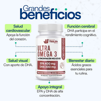 Ultra Omega 3 EPA y DHA de Vida Labs | Apoyo de la Función Cardiovascular y Reduce la Inflamación, Ayudando a Aliviar Dolores y Malestares | 30 Cápsulas Blandas